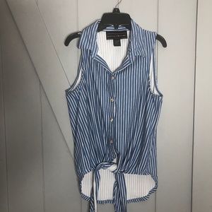 Blue and white striped collared shirt